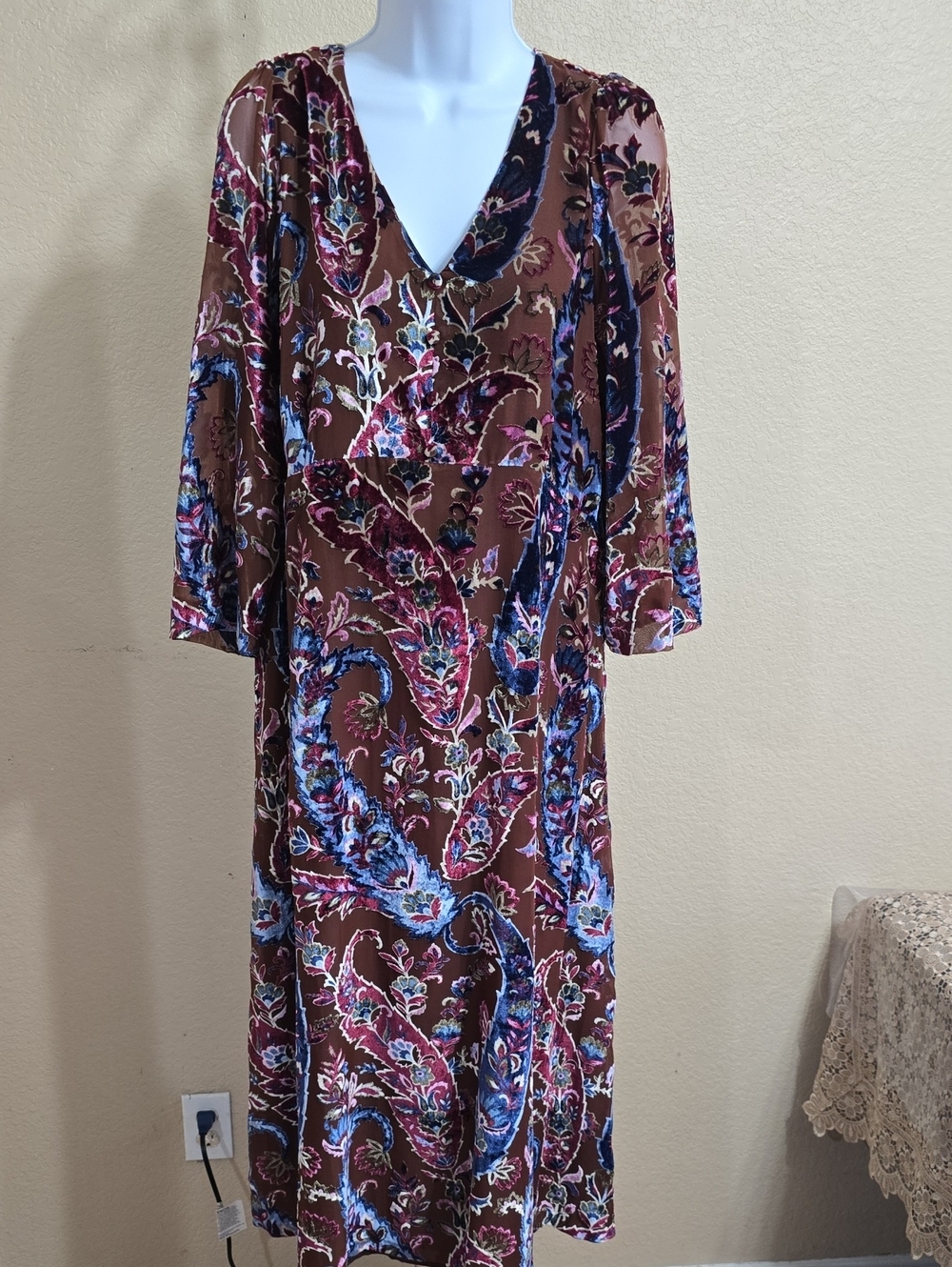 Talbots Brown Paisley Long-Sleeve V-Neck Dress with Blue and Pink Accents